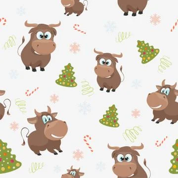 New Year Seamless pattern with cute bull.Printable background or endless deco Stock Illustration