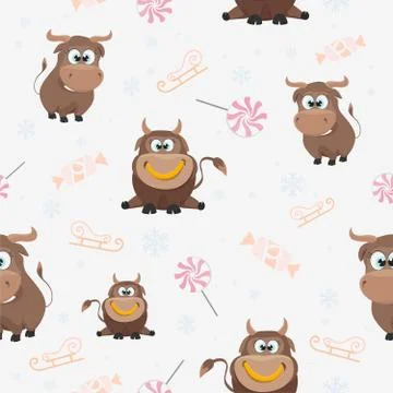 New year seamless pattern with cute bullhead. Printed background or endless d Stock Illustration