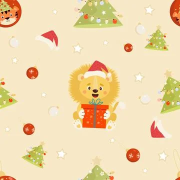 New Year Seamless pattern. cute lion in Santa hat with big gift on yellow backgr 스톡 일러스트