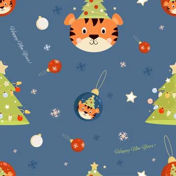 New Year Seamless pattern. Cute tiger and Christmas tree with garlands and Chris 스톡 일러스트