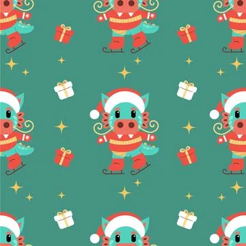 New year seamless pattern with cute dragon on skates and presents Stock Illustration