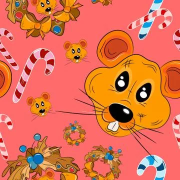 New Year Seamless Pattern with golden rats, wreaths and candy canes . Stock Illustration
