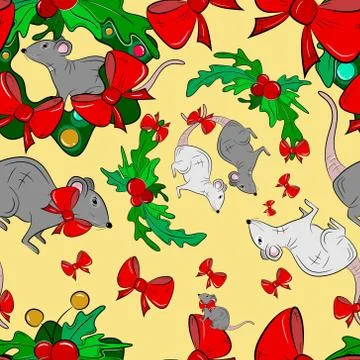 New Year Seamless Pattern with rats and wreaths. Vector illustration. Stock Illustration