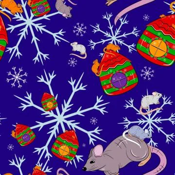 New Year Seamless Pattern with rats, snowflakes and Christmas houses. Stock Illustration