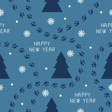 New Year seamless pattern, winter forest with paws, spruce, snowflakes and text Ilustración de archivo