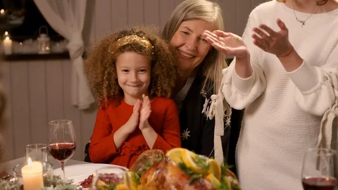 New Year. Served Holiday Table. Woman Serves Chicken Main Dish. Stock Footage 120282108