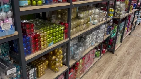 New Year Set On The Shelves Of Decorations In The Store Stock Footage 220566445