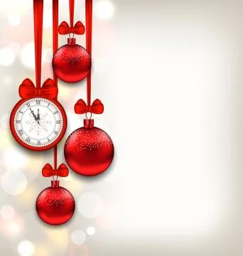New Year Shimmering Background with Clock and Glass Balls Stock Illustration