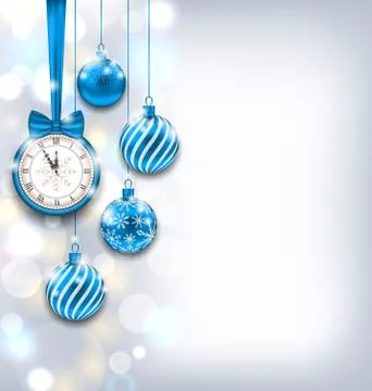 New Year Shiny Background with Clock and Glass Balls Stock Illustration