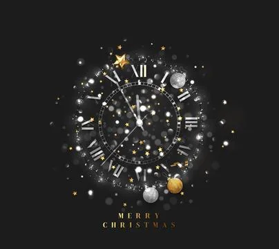 New Year shiny silver clock, five minutes to midnight. Merry Christmas Stock Illustration