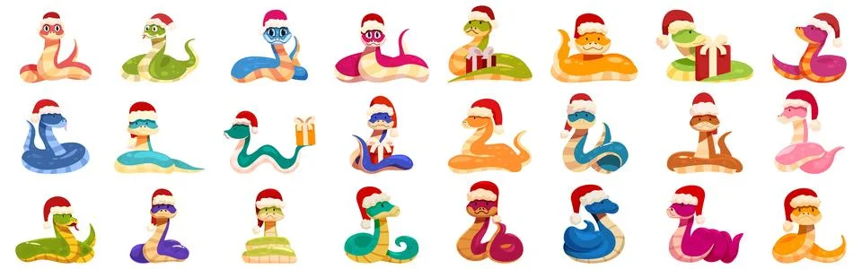 New year snake icons set. Colorful snakes wearing santa hats celebrating ch.. Stock Illustration