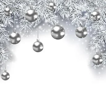 New Year Snowing Background with Silver Christmas Balls Stock Illustration
