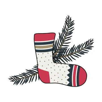 New Year sock with patterns and a Christmas tree branch Illustrazione stock
