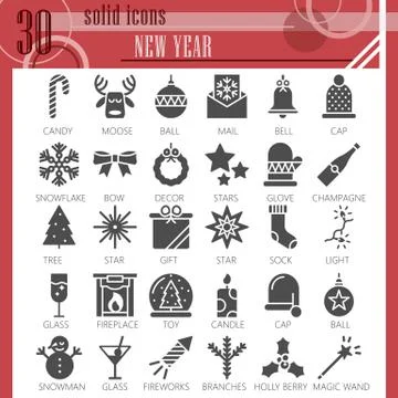 New Year solid icon set, Christmas symbols collection or sketches. Party and イラスト素材