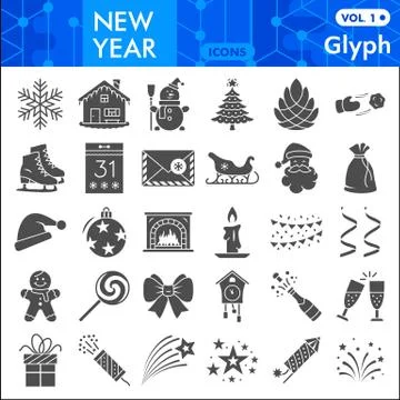 New Year solid icon set, Winter holidays symbols collection or sketches. New Stock Illustration
