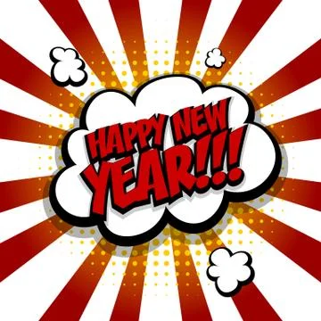 New year. Speech comic bubble text red yellow Stock Illustration