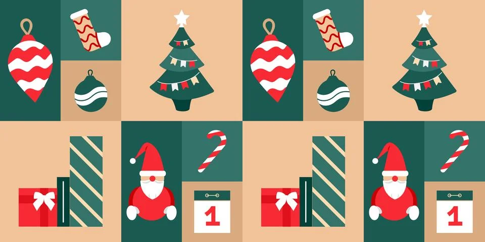 New Year Squared Pattern - Santa Claus, gifts, Christmas tree. Seamless print Stock Illustration
