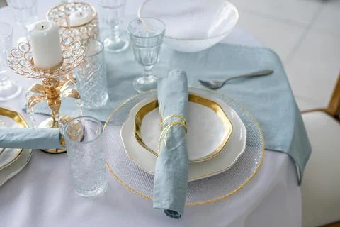 New year table decor in white and silver colors Stock Photos