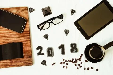 New Year. technologies. White background. hot coffee 스톡 사진