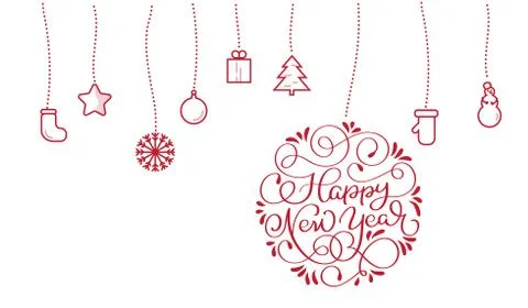 New Year text and stylized flat Christmas toys on white backgroud. Vector Illustrazione stock