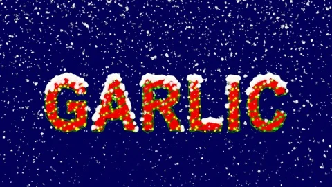 New Year text vegetable GARLIC. Snow falls. Christmas mood, looped video. Alpha Stock Footage 96542676
