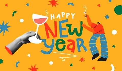 New Year toast in retro collage style and flat design illustration Ilustração Stock