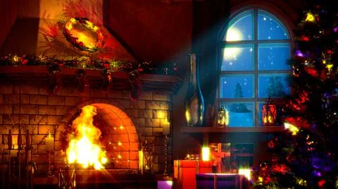 New year tree and grate with flames shining - object 3D rendering イラスト素材