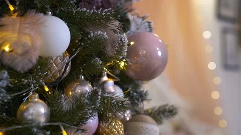 New Year Tree with blinking garland lights and Christmas decorations Stock Footage 237516791