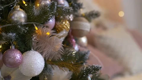 New Year Tree with blinking garland lights and Christmas decorations Stock Footage 239312167