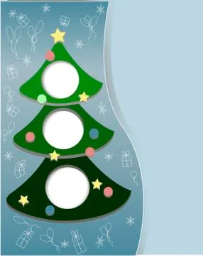 .New year tree on a blue background with toys, star, balloons a Stock Illustration
