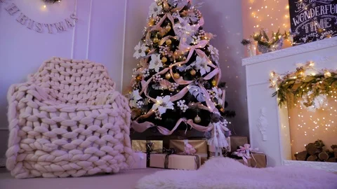 New year tree decorated with lights, christmas interior background. Stock Footage 124037463