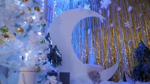 New year tree decorated with lights, christmas interior background. Stock Footage 125602079