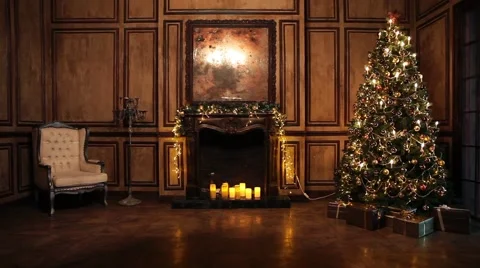 New Year Tree decorated room interior in classic style Stock Footage 65482422