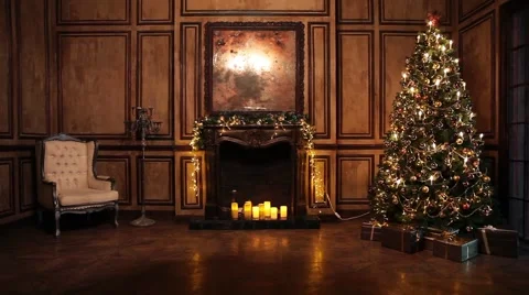 New Year Tree decorated room interior in classic style Stock Footage 65482429