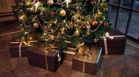 New Year Tree decorated room interior in classic style with presents Stock Footage 65482546