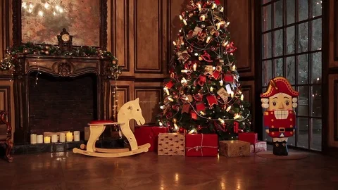 New Year Tree decorated room interior in classic style Stock Footage 80876775