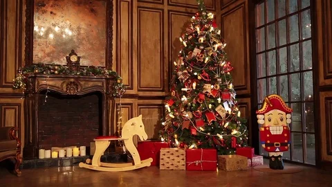 New Year Tree decorated room interior in classic style Stock Footage 80899238