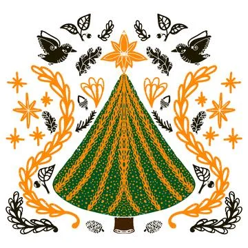 New Year tree, festive pattern. Symmetrical composition. Vector. Illustrazione stock