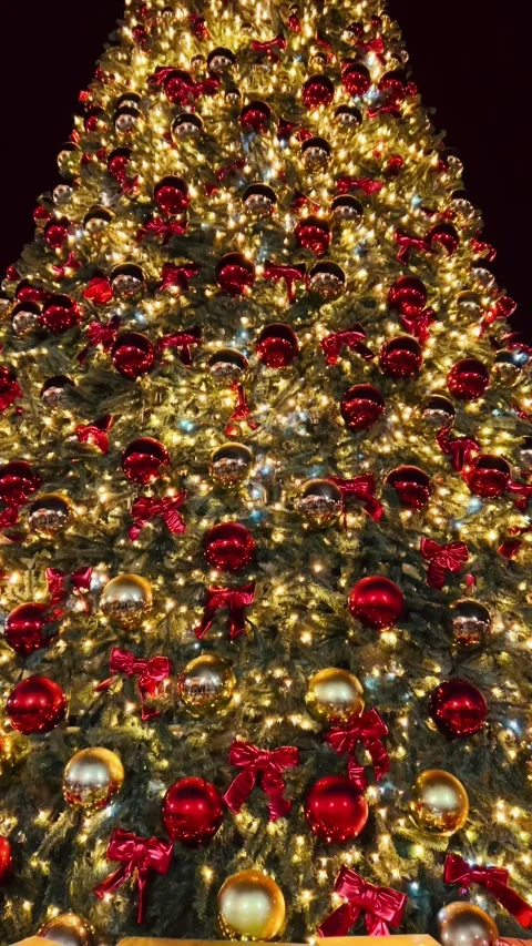 New Year tree glowing in the evening with festive lights and big shiny balls Video stock 303051877