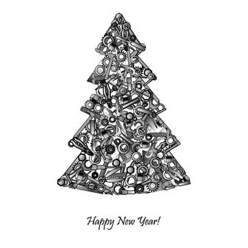 New year tree from hand tools. Unusual design for hardware store. Vector illu Stock Illustration