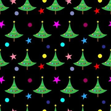 New Year tree with multicolored stars and balls on a black background. Stock Illustration