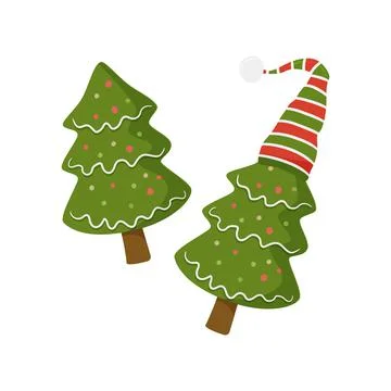 New year tree in santa hat in doodle style, vector illustration. Stock Illustration