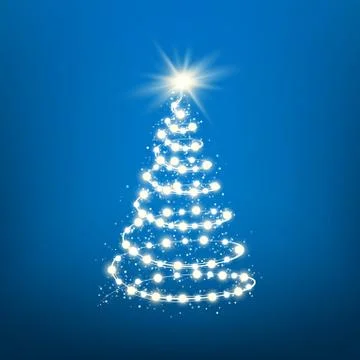New Year Tree silhouette made of Christmas lights on blue background. Magic C Stock Illustration