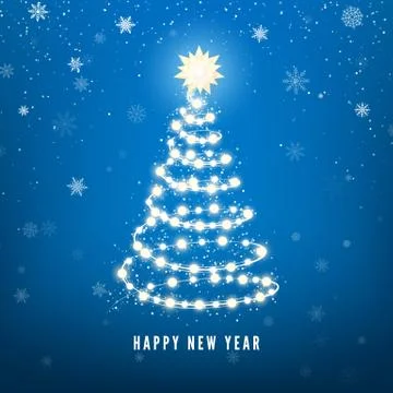 New Year Tree silhouette made of Christmas lights on blue background. Magic C Stock Illustration