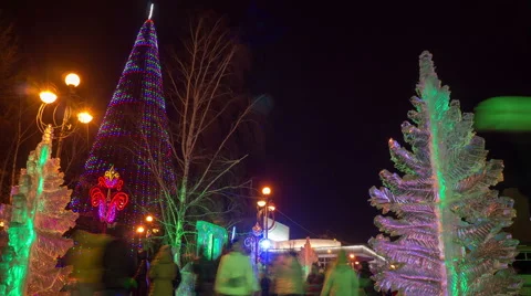 New year tree in theatre square, krasnoyarsk, time lapse Stock Footage 45478328