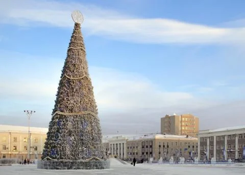 New year tree in Yakutsk in the rays of the winter sun Stock Photos