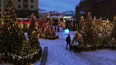 New year trees decorated on Manezh square in Moscow, Russia 動画素材 99394617