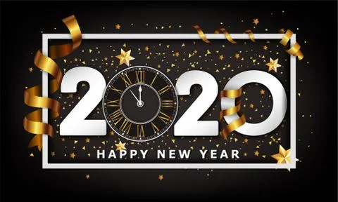 New Year Typographical Creative Background 2020 With Clock Illustrazione stock