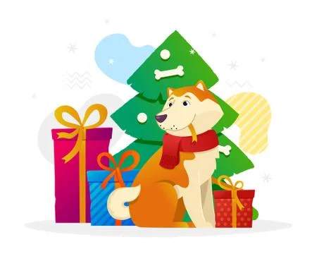 New Year vector flat illustration with yellow dog, gifts and Christmas tree Stock Illustration