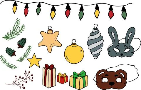 New year Vector illustration. Christmas balls spiral stars tree brunch mask g Stock Illustration